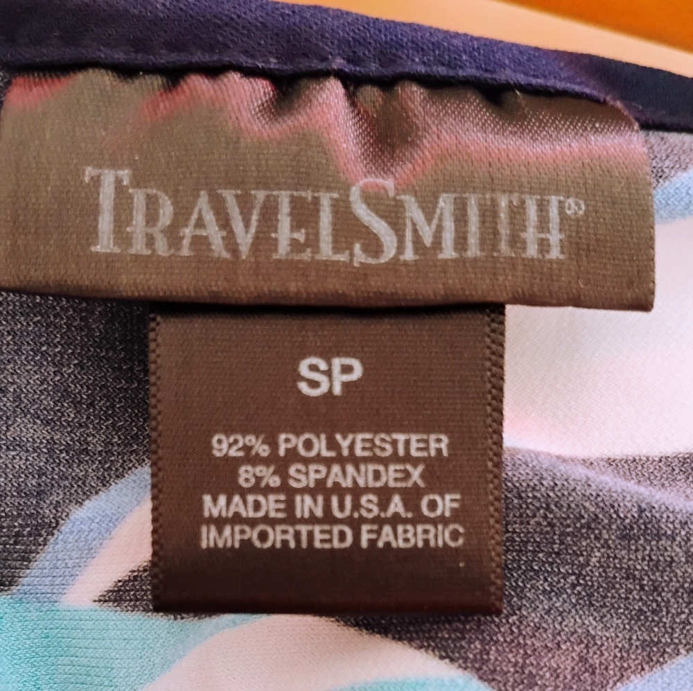 Travel Smith Blue Wrap Blouse with Ruche Waist and Cap Sleeves Sz SP - Picture 3 of 3